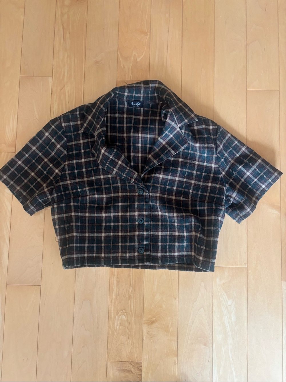 Cropped Plaid Button-Up Shirt Jacket in Navy and Brown